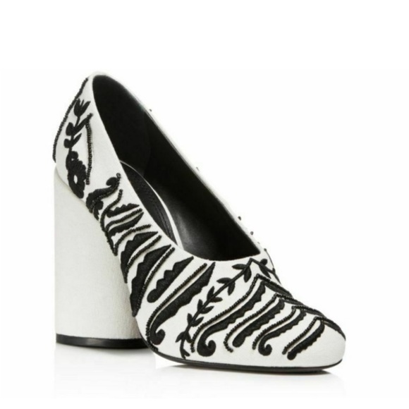 TORY BURCH Lucia Embroidered Embellished Black & White Pumps 7 - Picture 2 of 2